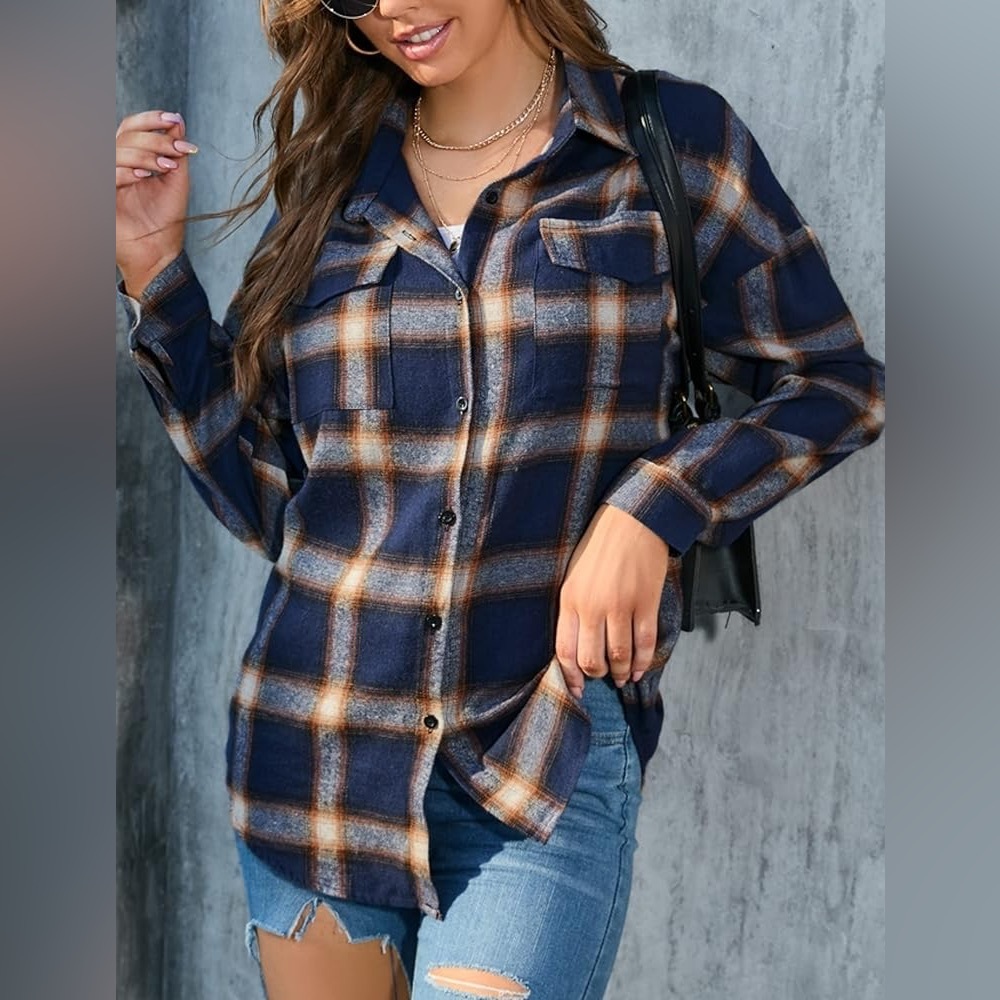 Women's Navy Plaid Button-Up Shirt